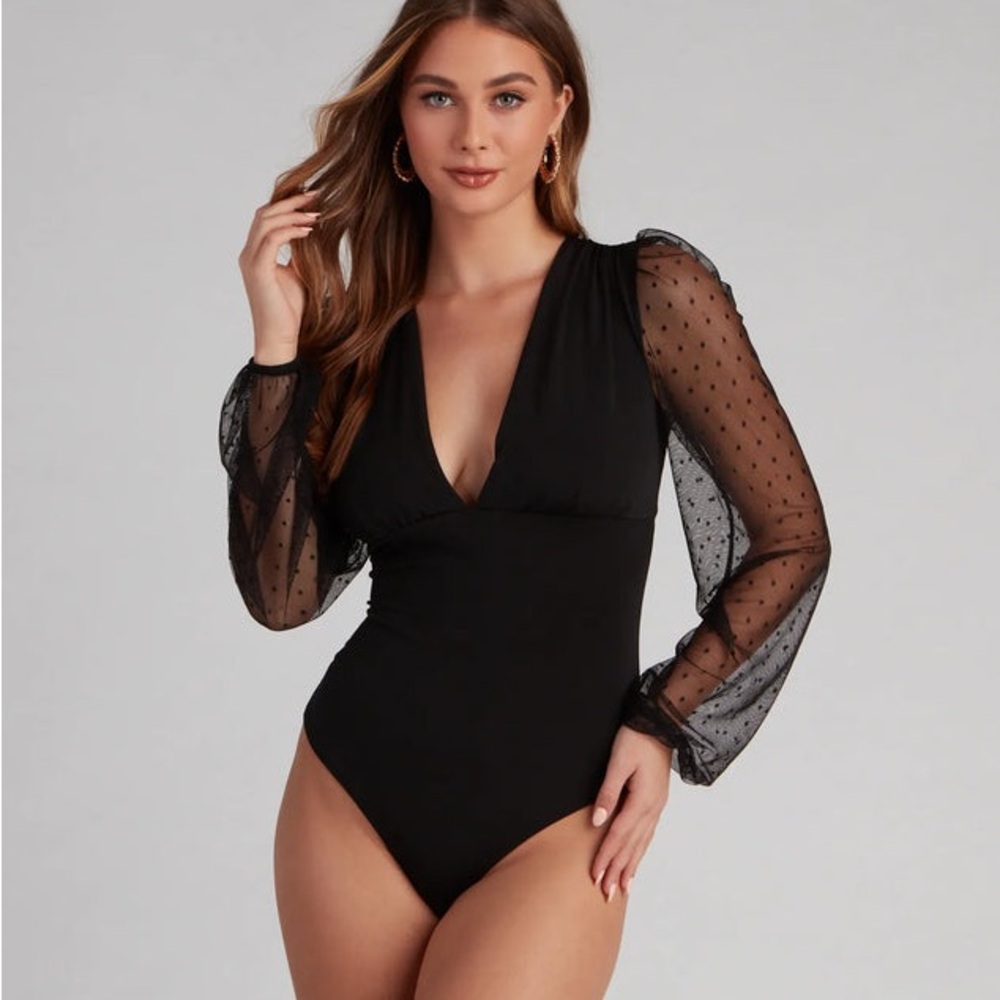 NWT Windsor Black Sheer Sleeve Bodysuit